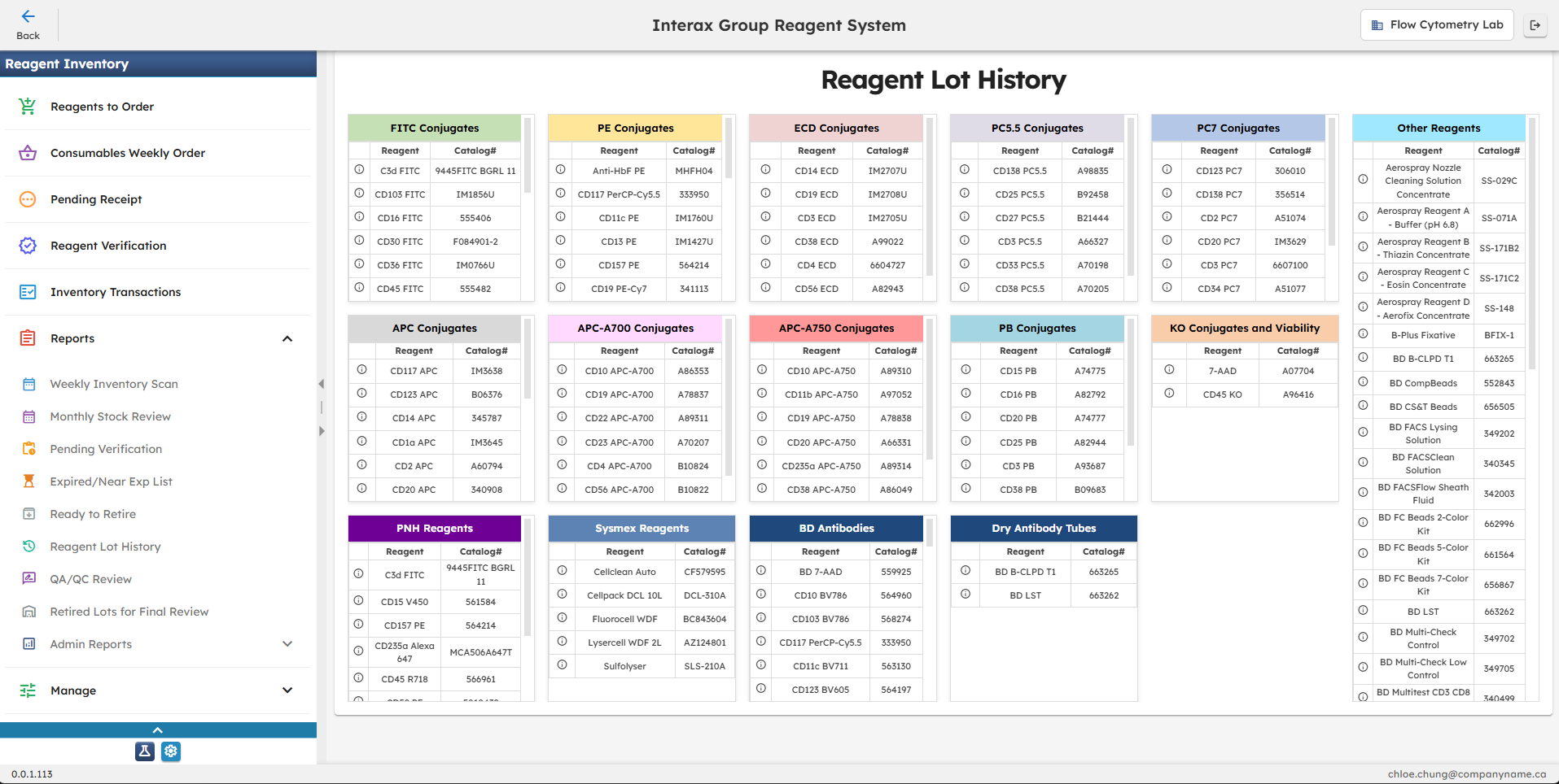 Reagent Lot History by Category