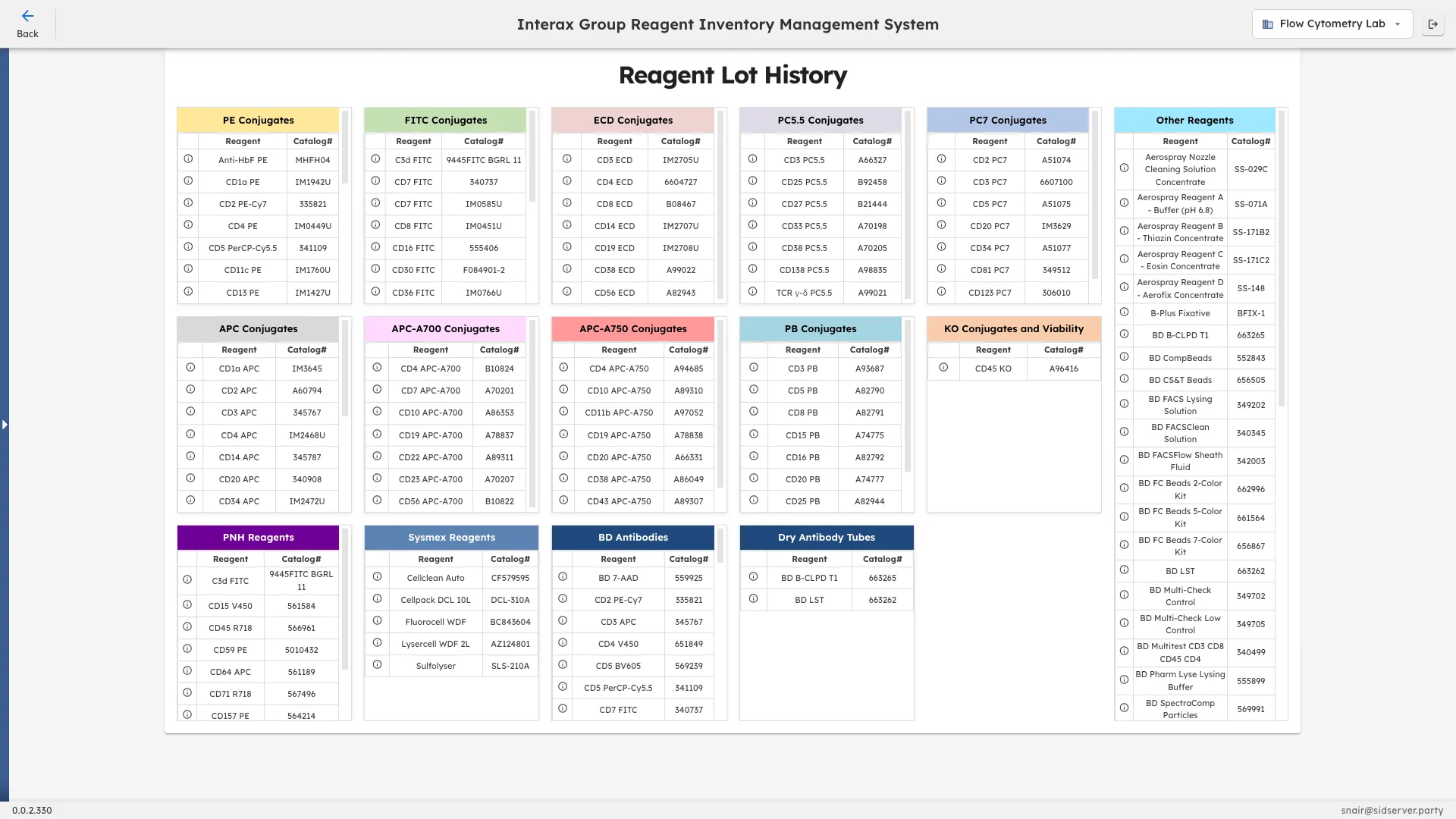 CoreNexis reagent lot history